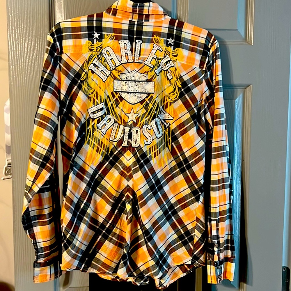Harley Davidson Womens Light Weight Button Up Shirt Size Medium peach/black